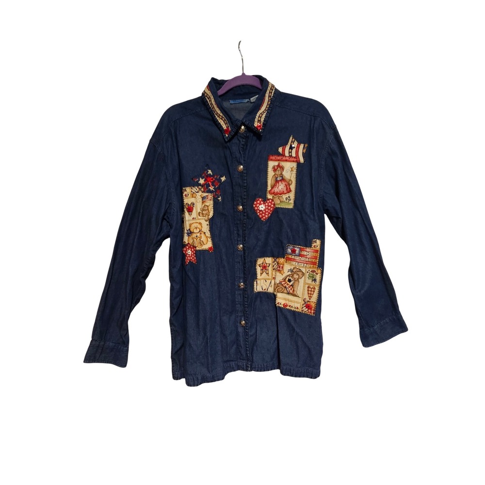 Marisol Womens XL Denim Shirt Americana Teddy Bear Patchwork‎ Button Down Blue